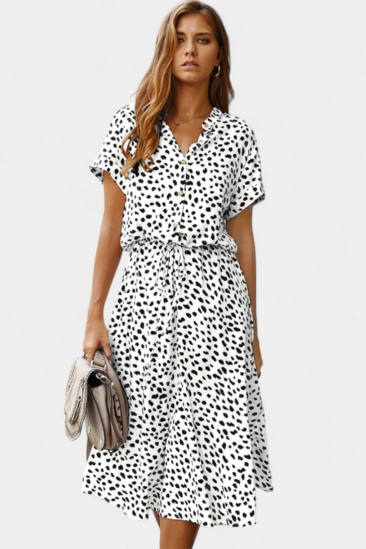 Rovena | Vestido Midi de Lunares con Cuello Camisero y Cintura Ajustable