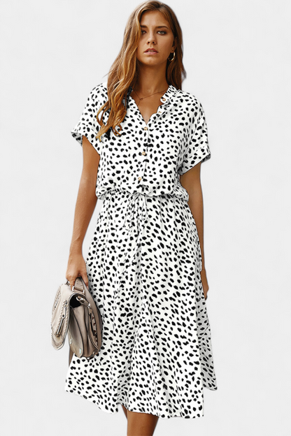 Rovena | Vestido Midi de Lunares con Cuello Camisero y Cintura Ajustable