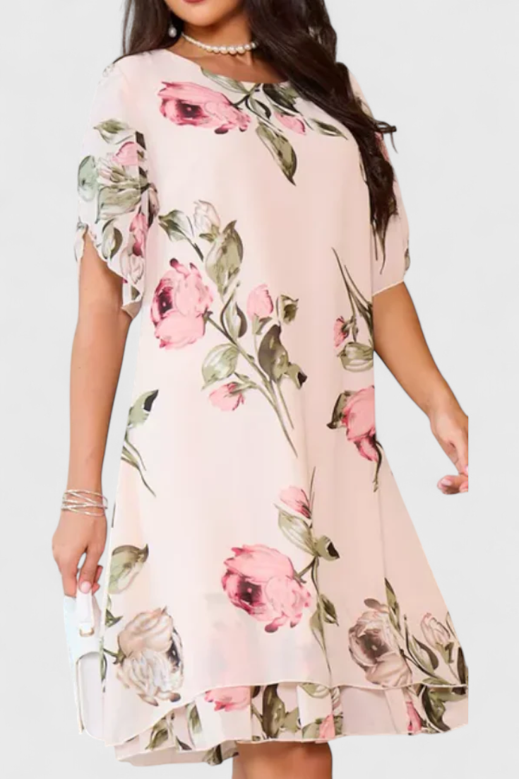 Tameka | Vestido de Gasa Fluida con Pétalos y Mangas Transparentes