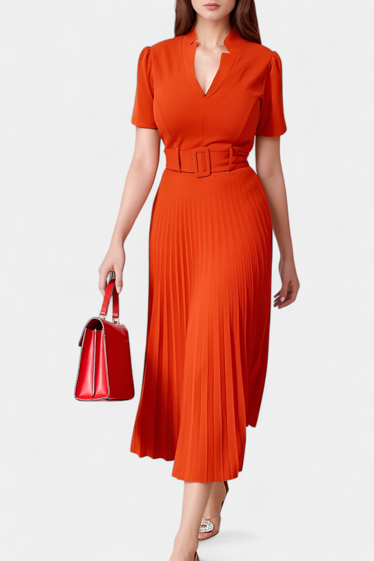Seliora | Vestido Midi de Trabajo con Cinturón y Plisados