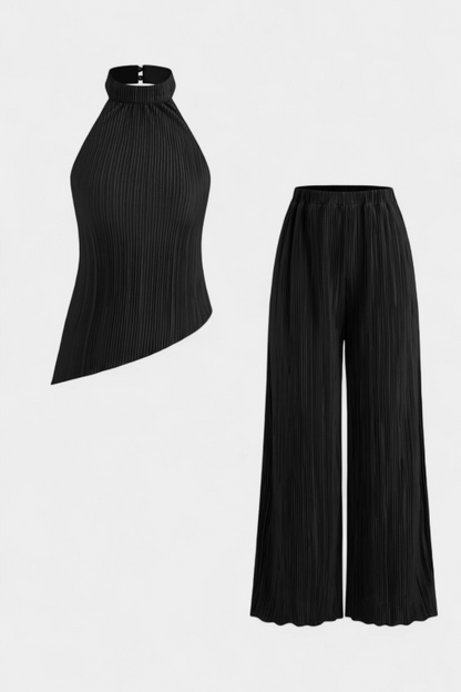 Pilarica | Conjunto Plisado con Top Asimétrico Halter y Pantalón Fluido