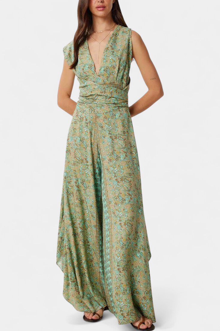 Leandra | Mono Fluido Cruzado con Estampado Floral Verde