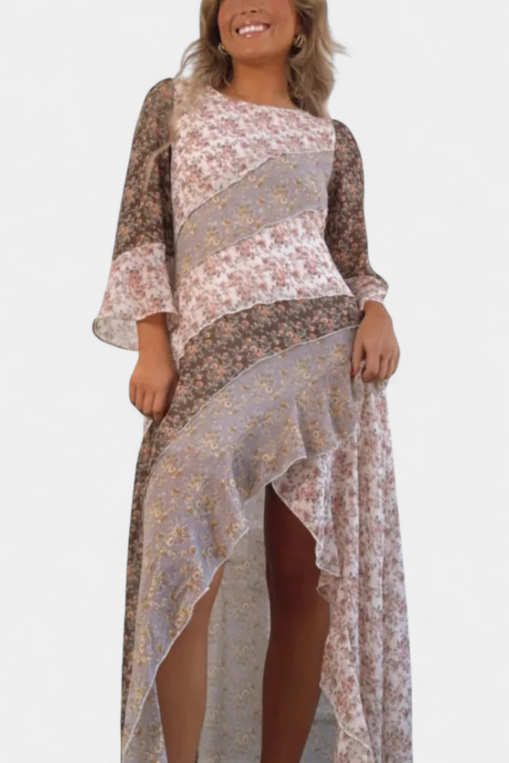 Ruth | Vestido Largo Floral con Mangas 3/4 y Paneles Volantes