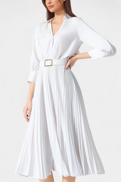 Michelle | Vestido Midi con Cuello Sastrero y Cinturón Plisado