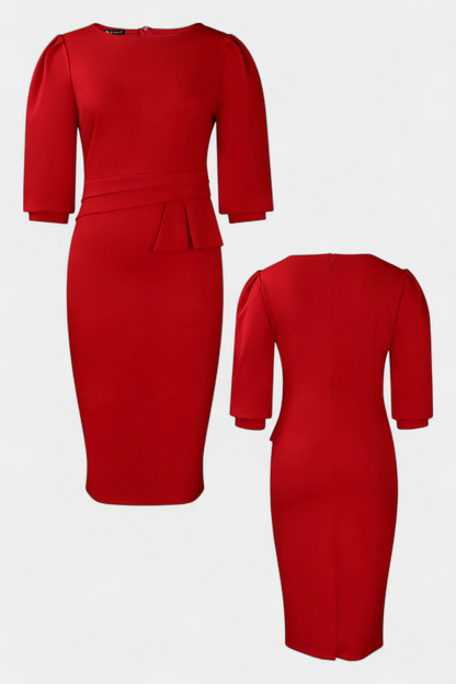 Reanna | Vestido Midi Ajustado con Mangas Abullonadas
