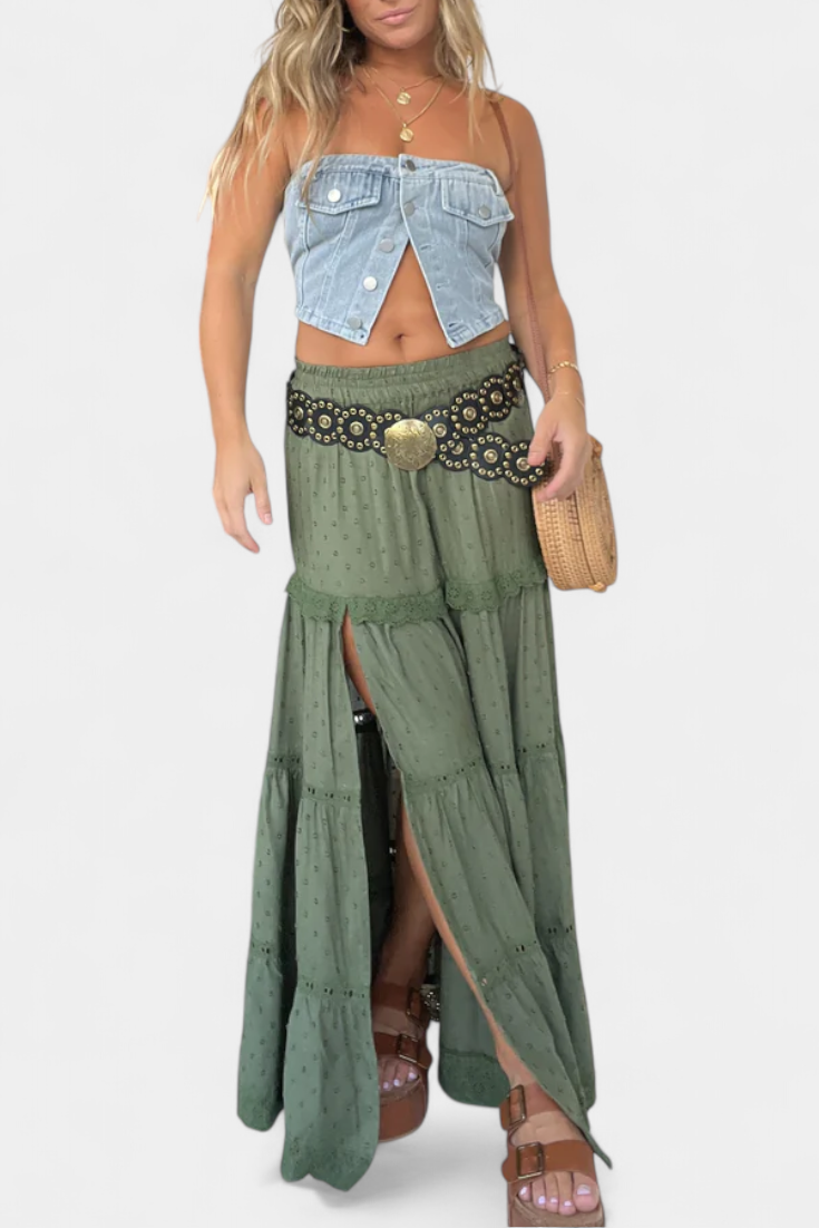 Dola | Falda Maxi Boho con Encaje y Abertura Frontal