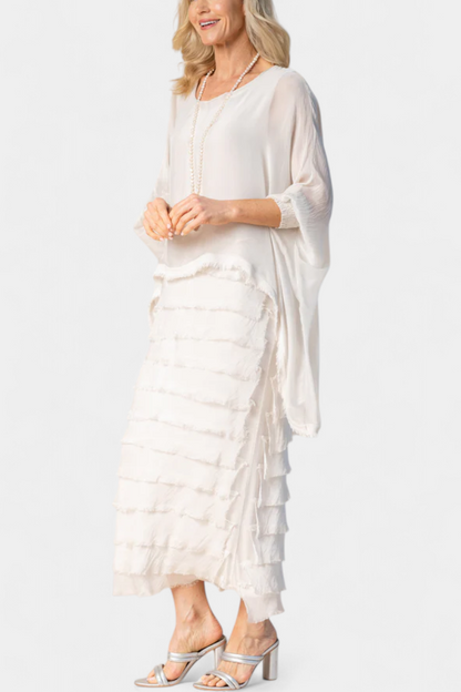 Rosaria | Vestido Midi con Volantes y Bordes Deshilachados
