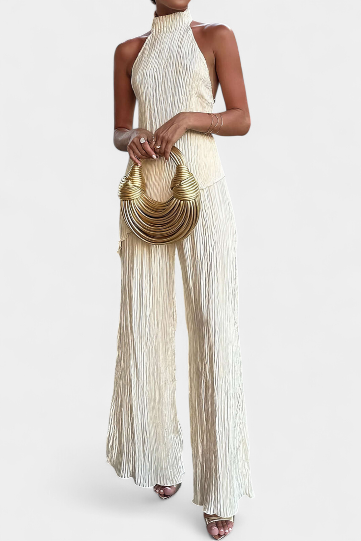 Pilarica | Conjunto Plisado con Top Asimétrico Halter y Pantalón Fluido