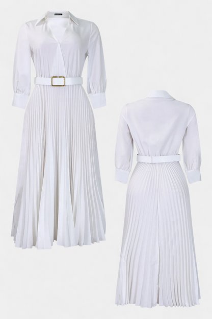Michelle | Vestido Midi con Cuello Sastrero y Cinturón Plisado