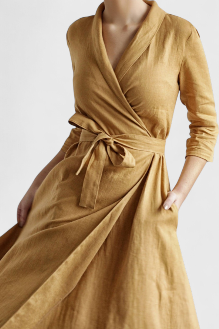 Sharon | Vestido Midi Vintage de Algodón y Lino con Cuello de Solapa