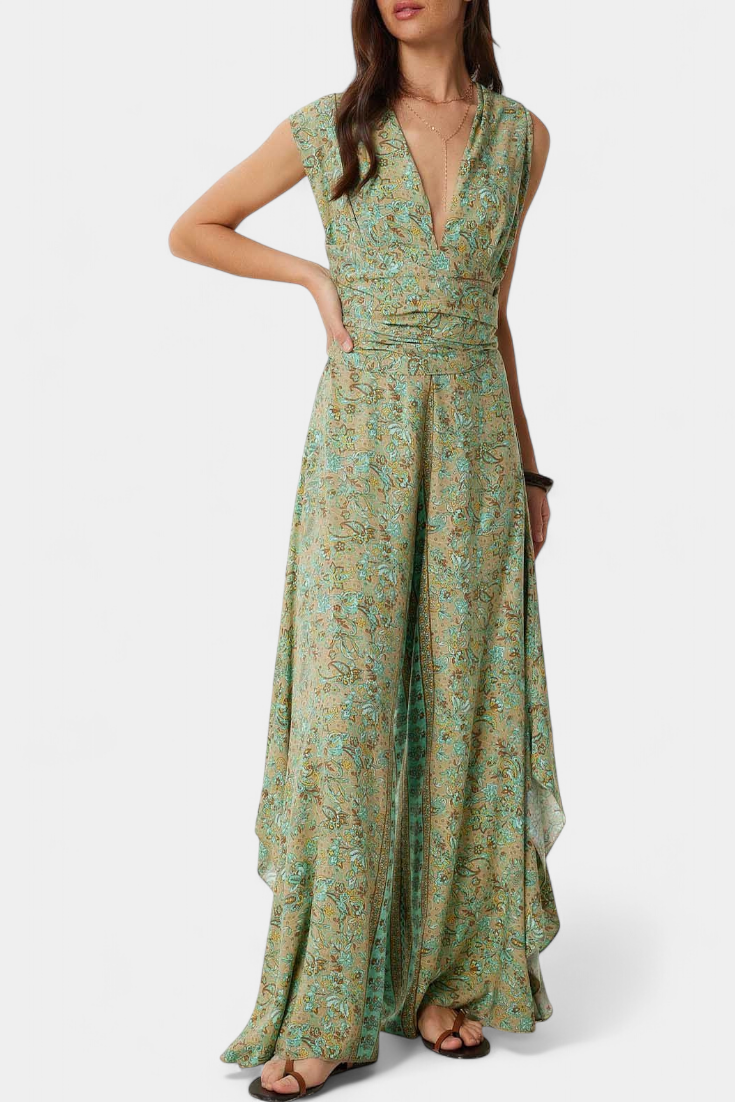 Leandra | Mono Fluido Cruzado con Estampado Floral Verde
