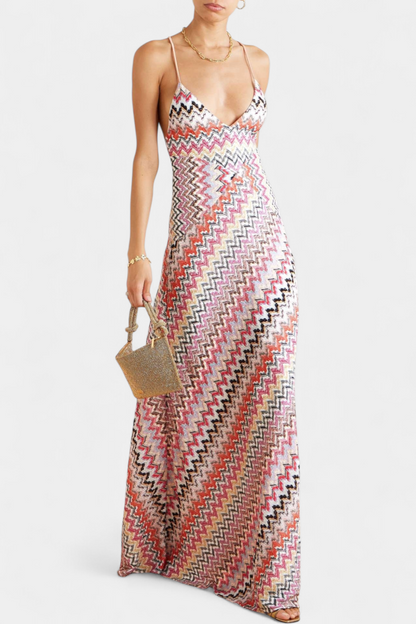 Juanita | Vestido Largo de Punto Multicolor con Escote Profundo y Espalda Cruzada