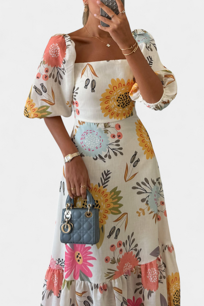 Kacey | Vestido Midi de Algodón con Estampado Floral y Manga Abullonada