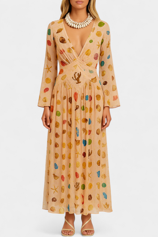 Maricruz | Vestido Estilo Hada con Estampado de Conchas Marinas
