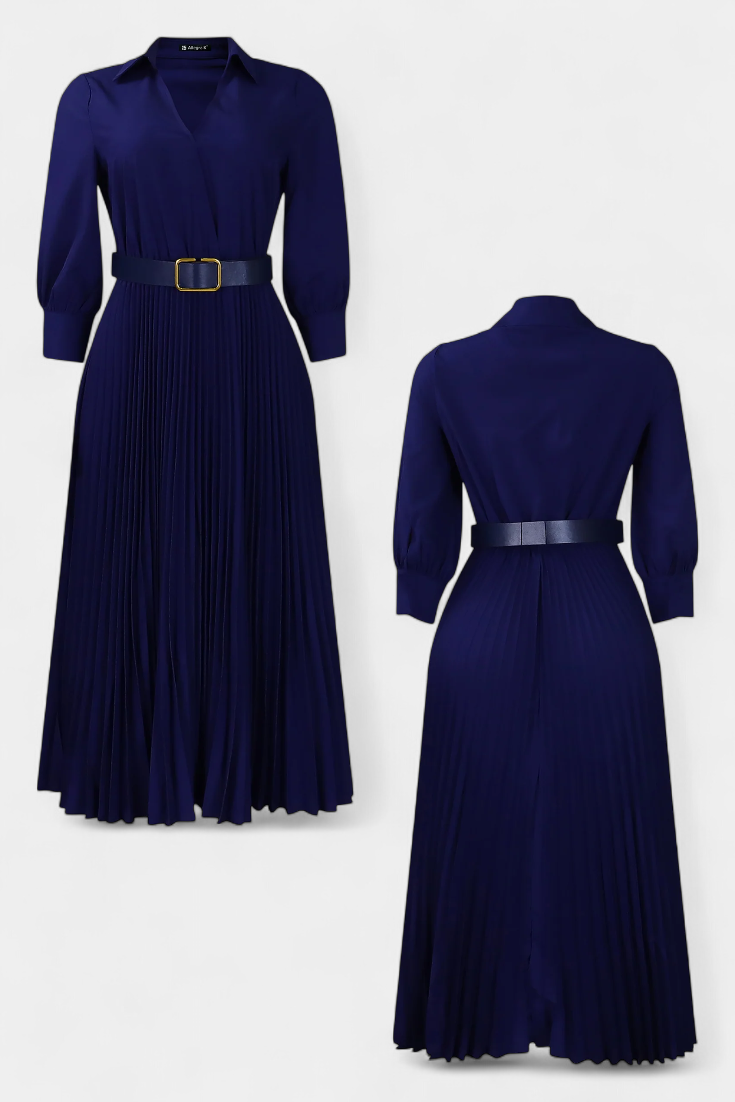 Michelle | Vestido Midi con Cuello Sastrero y Cinturón Plisado