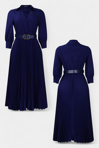 Michelle | Vestido Midi con Cuello Sastrero y Cinturón Plisado