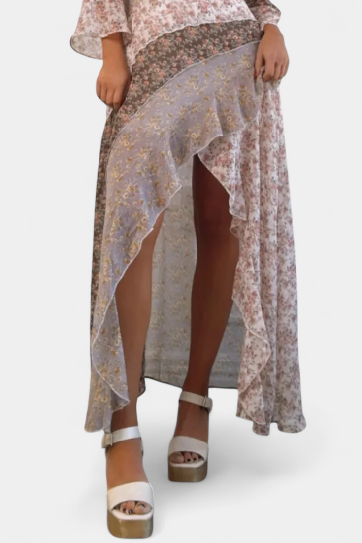 Ruth | Vestido Largo Floral con Mangas 3/4 y Paneles Volantes