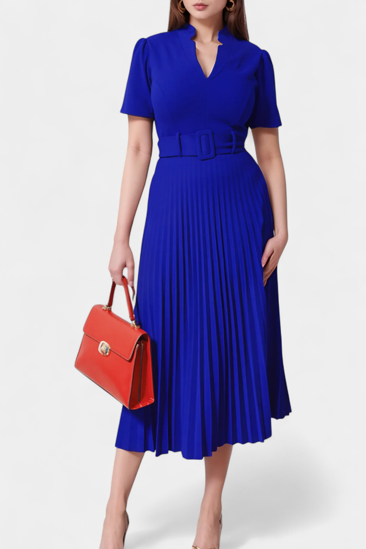 Seliora | Vestido Midi de Trabajo con Cinturón y Plisados