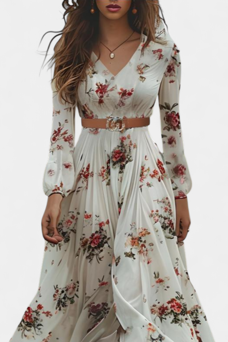 Amanda | Vestido Maxi Floral con Cuello en V y Mangas Largas