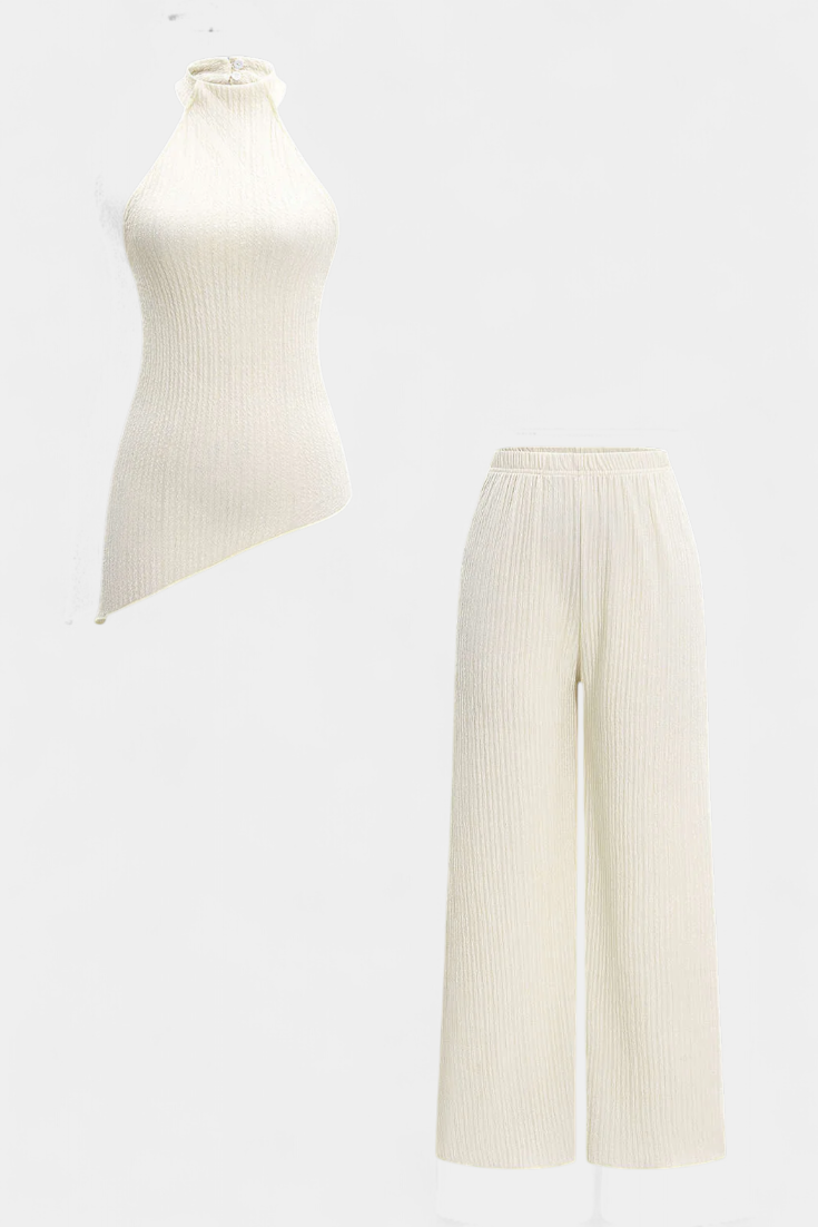 Pilarica | Conjunto Plisado con Top Asimétrico Halter y Pantalón Fluido