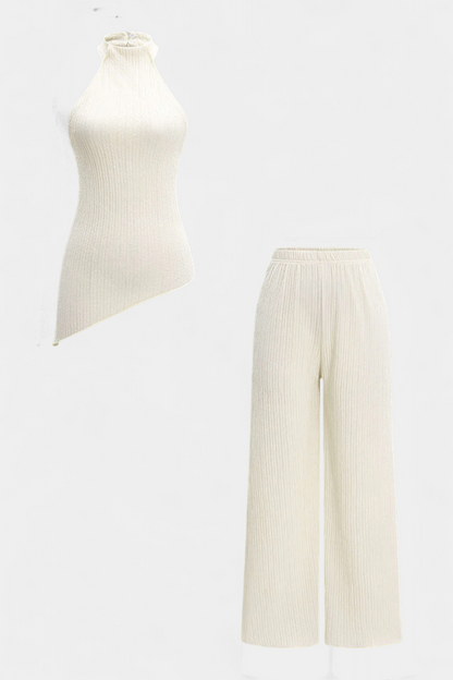 Pilarica | Conjunto Plisado con Top Asimétrico Halter y Pantalón Fluido