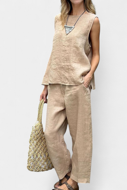 Leona | Conjunto de Chaleco y Pantalón Sin Mangas en Algodón Lino