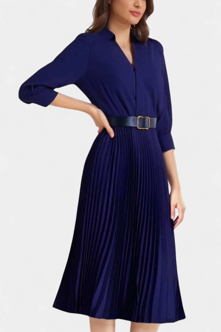Michelle | Vestido Midi con Cuello Sastrero y Cinturón Plisado