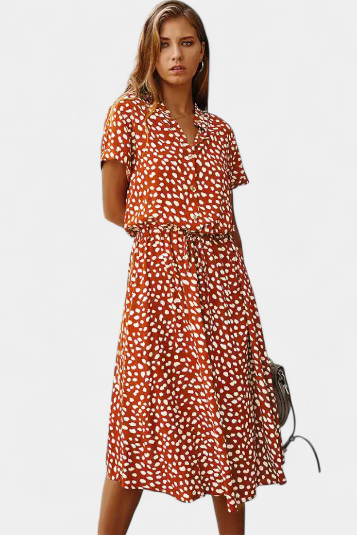 Rovena | Vestido Midi de Lunares con Cuello Camisero y Cintura Ajustable