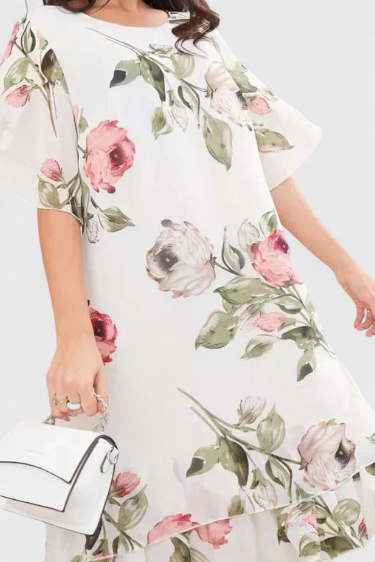 Tameka | Vestido de Gasa Fluida con Pétalos y Mangas Transparentes