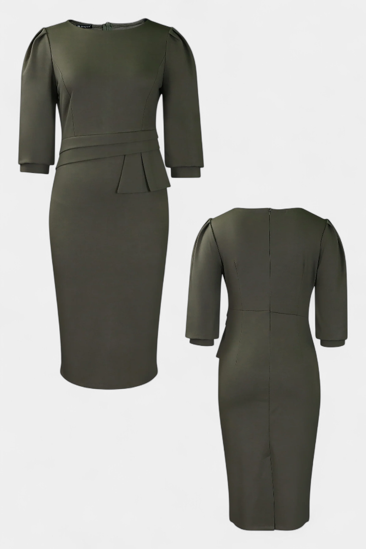 Reanna | Vestido Midi Ajustado con Mangas Abullonadas