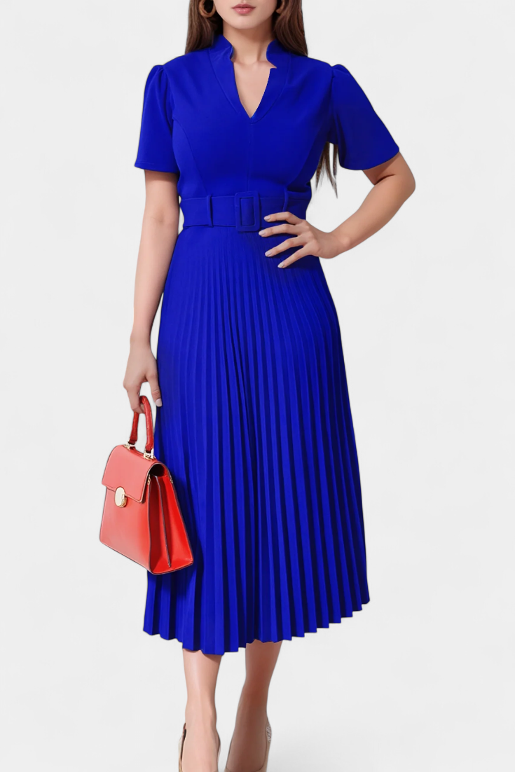 Seliora | Vestido Midi de Trabajo con Cinturón y Plisados
