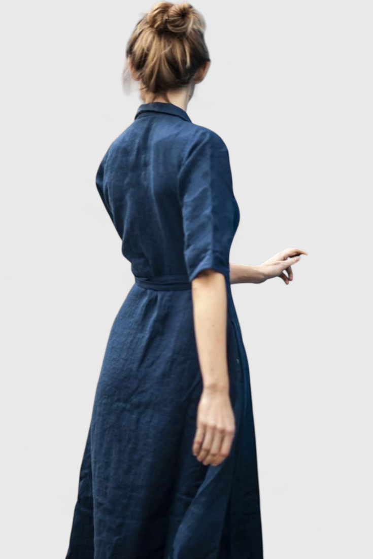 Sharon | Vestido Midi Vintage de Algodón y Lino con Cuello de Solapa