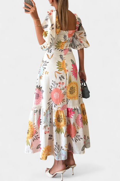 Kacey | Vestido Midi de Algodón con Estampado Floral y Manga Abullonada