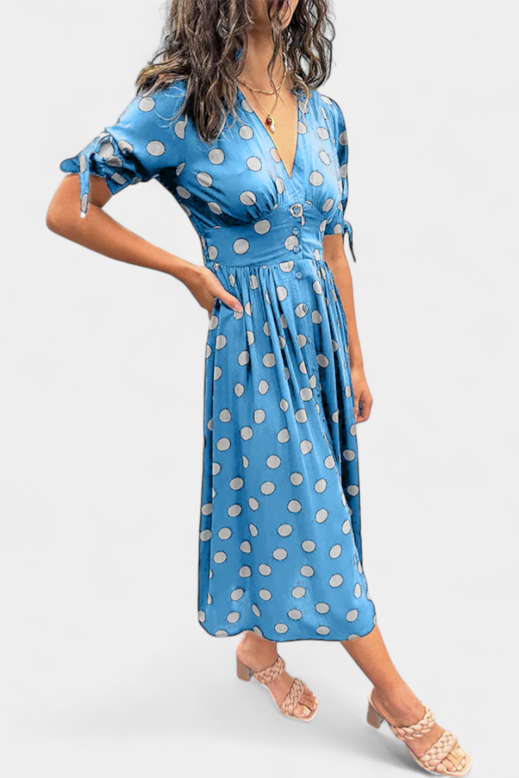 Lizzie | Vestido Midi de Lunares con Escote en V Profundo