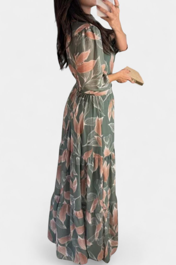 Aísha | Vestido Largo Floral con Corte Fluido y Motivo de Hojas