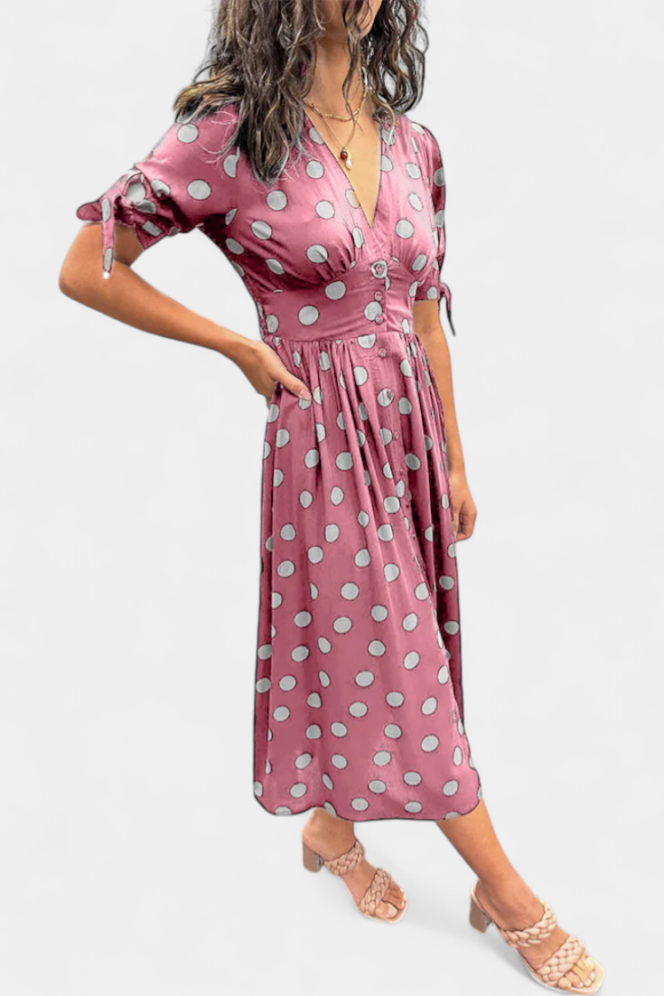 Lizzie | Vestido Midi de Lunares con Escote en V Profundo
