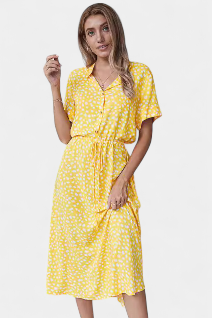 Rovena | Vestido Midi de Lunares con Cuello Camisero y Cintura Ajustable