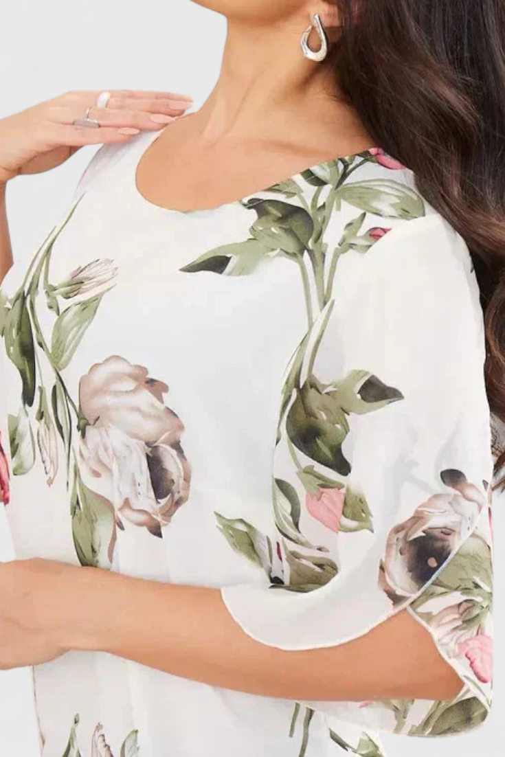Tameka | Vestido de Gasa Fluida con Pétalos y Mangas Transparentes