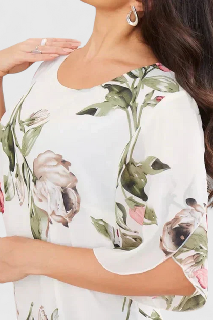 Tameka | Vestido de Gasa Fluida con Pétalos y Mangas Transparentes