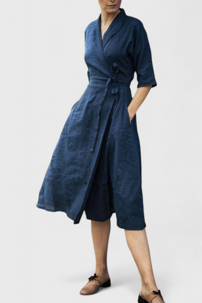 Sharon | Vestido Midi Vintage de Algodón y Lino con Cuello de Solapa