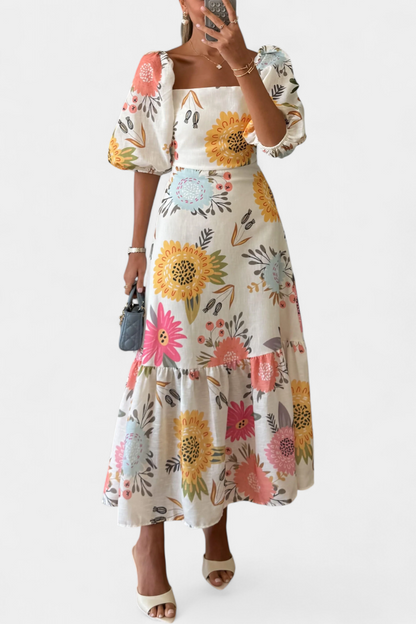 Kacey | Vestido Midi de Algodón con Estampado Floral y Manga Abullonada