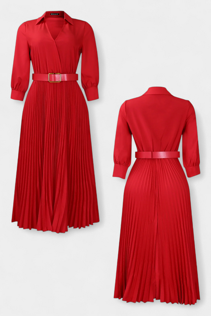 Michelle | Vestido Midi con Cuello Sastrero y Cinturón Plisado