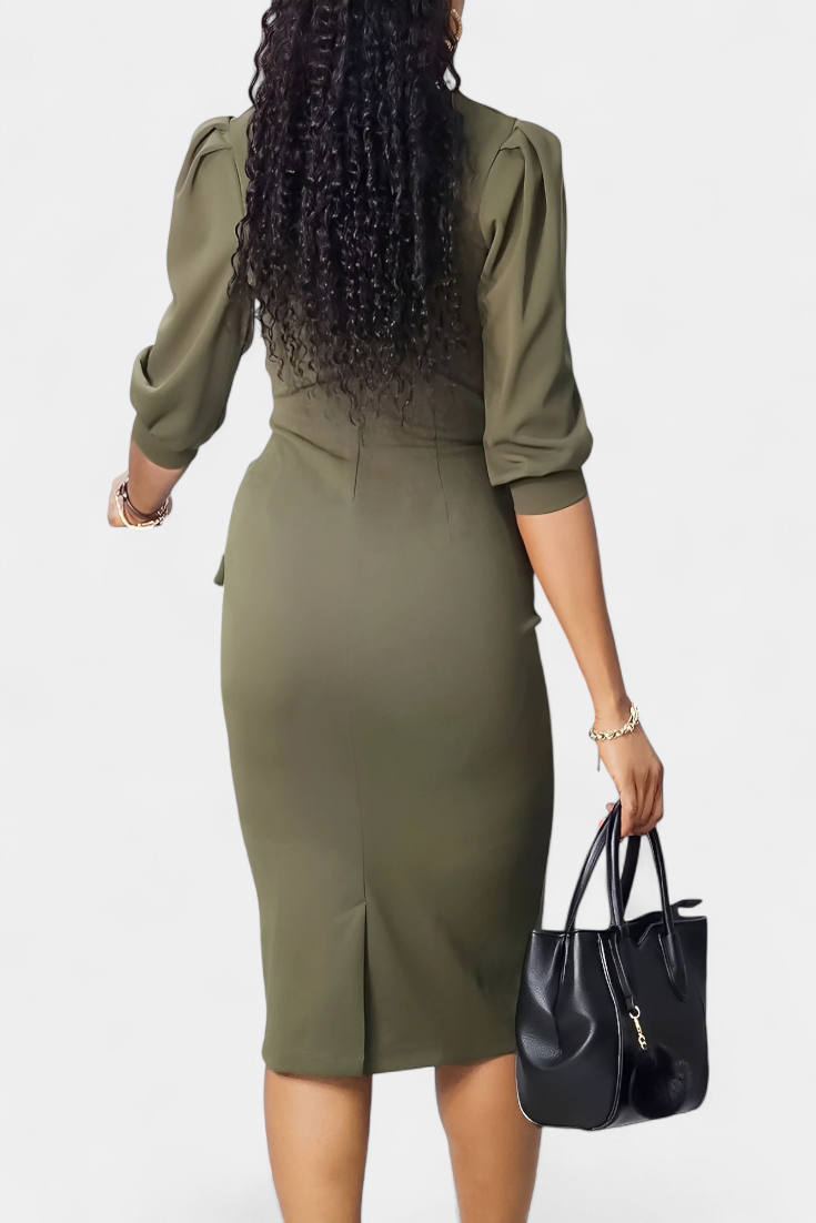 Reanna | Vestido Midi Ajustado con Mangas Abullonadas