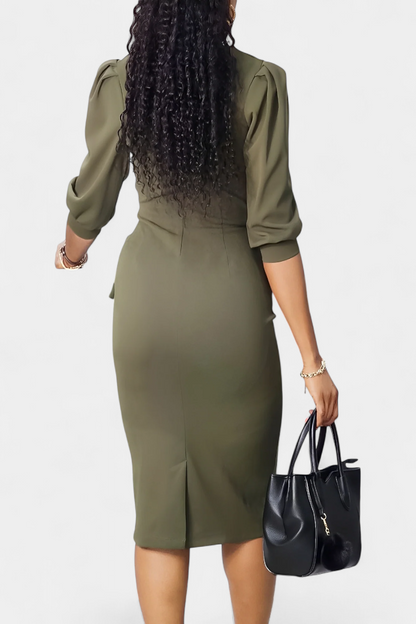 Reanna | Vestido Midi Ajustado con Mangas Abullonadas