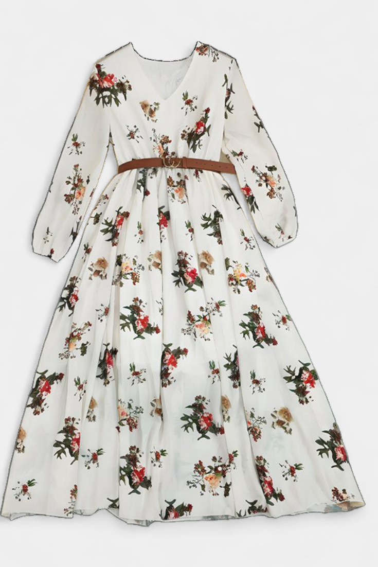 Amanda | Vestido Maxi Floral con Cuello en V y Mangas Largas