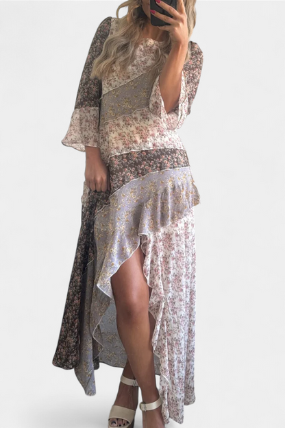 Ruth | Vestido Largo Floral con Mangas 3/4 y Paneles Volantes