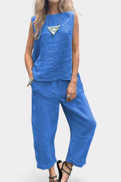Leona | Conjunto de Chaleco y Pantalón Sin Mangas en Algodón Lino