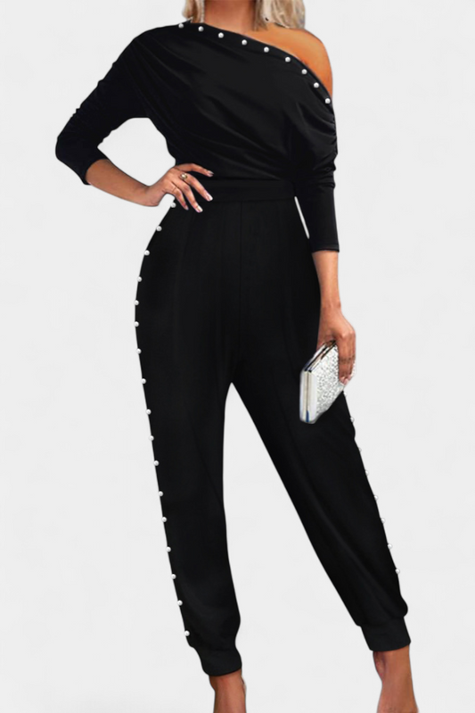 Griselda | Mono con Hombro Descubierto y Detalles de Perlas
