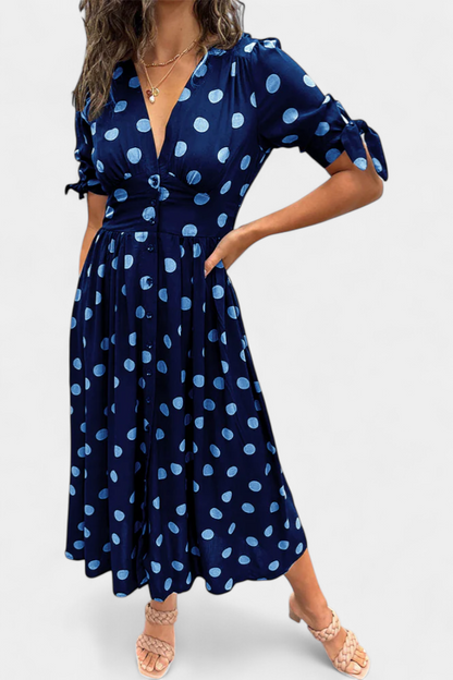 Lizzie | Vestido Midi de Lunares con Escote en V Profundo