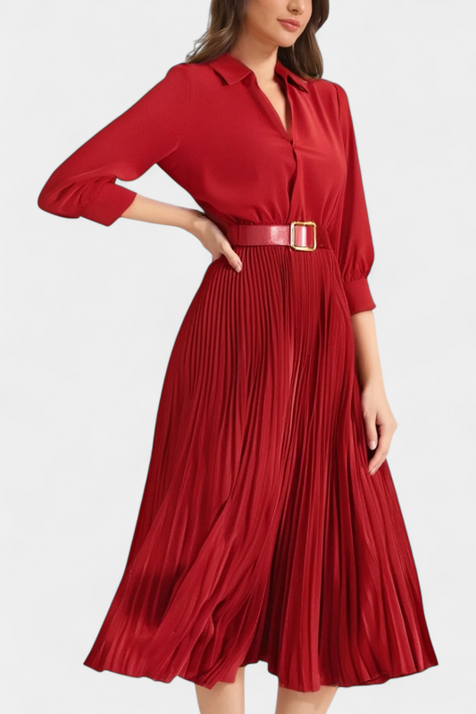 Michelle | Vestido Midi con Cuello Sastrero y Cinturón Plisado